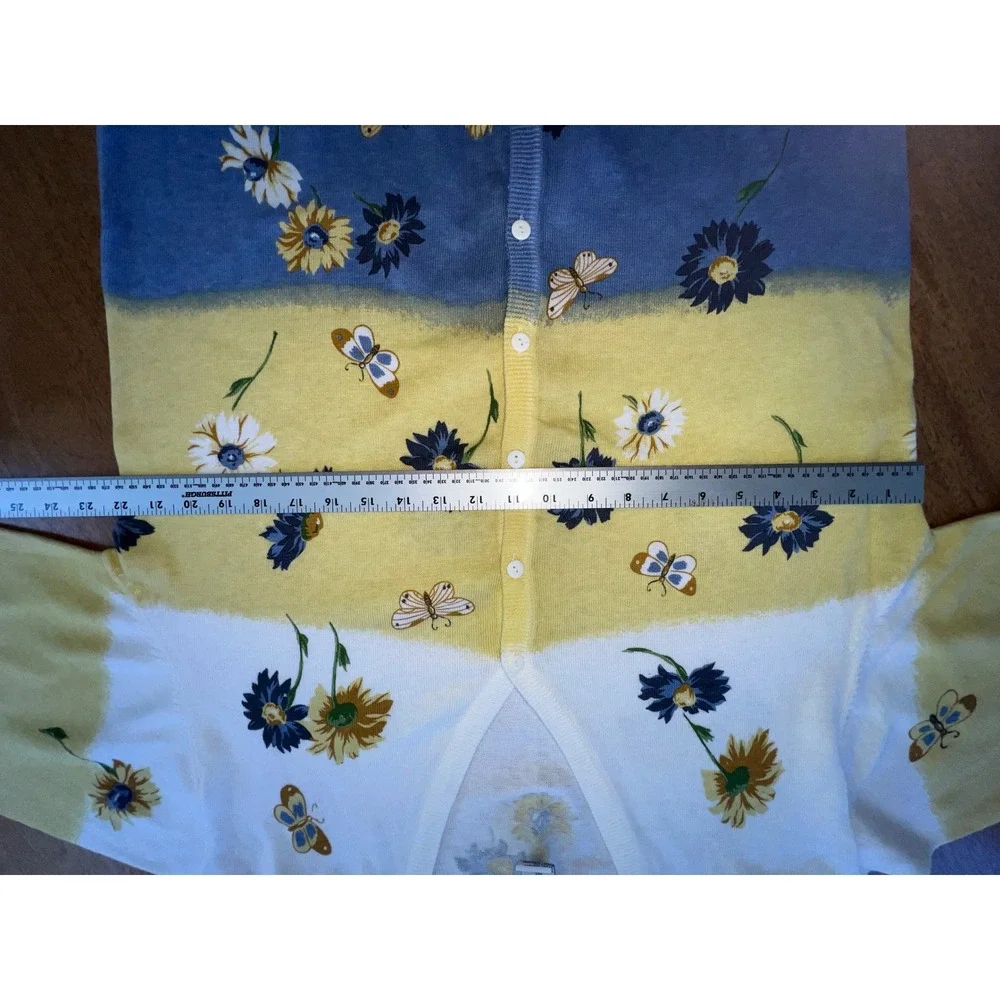 Teddi Vintage Floral Butterfly Cardigan Sweater‎ XL Blue Yellow White Cotton